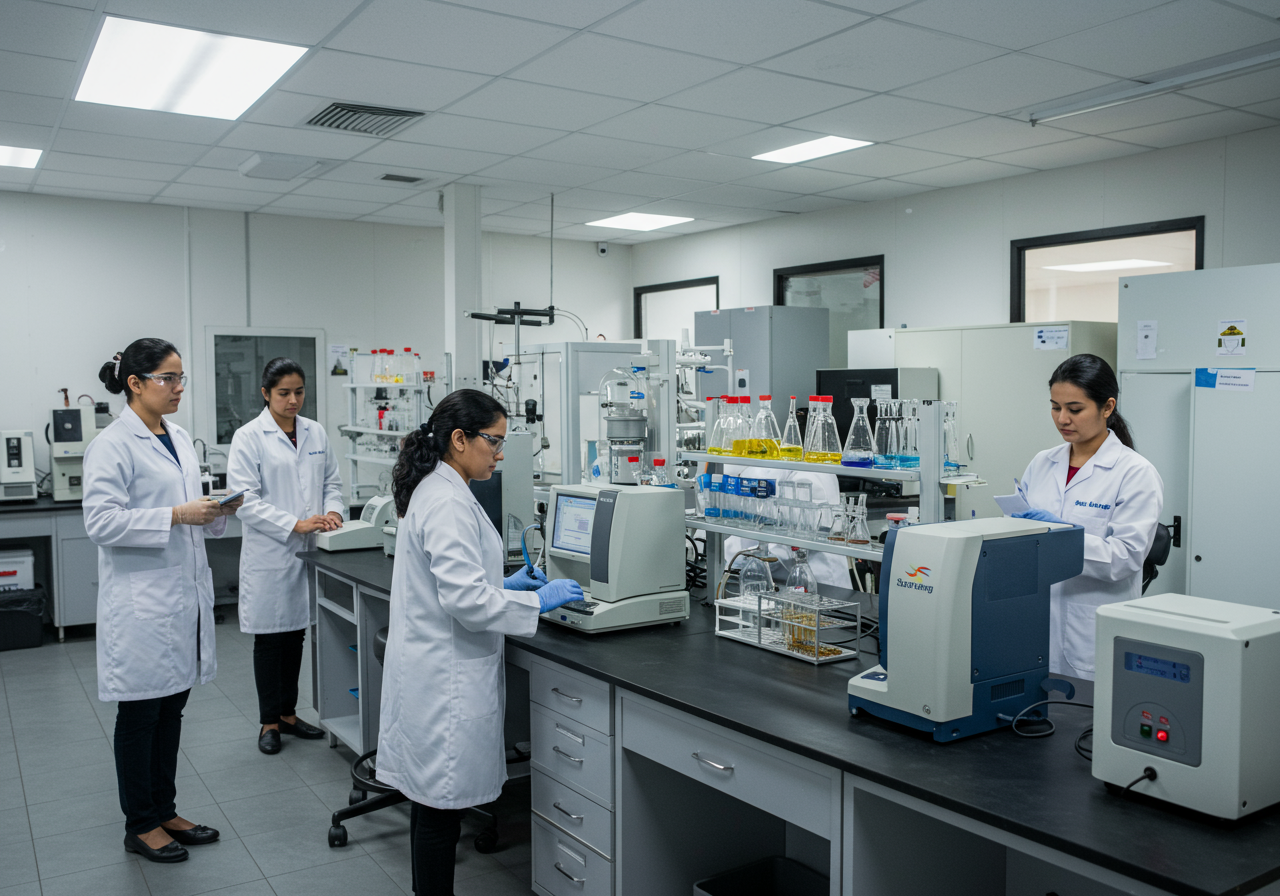 Petroleum quality testing laboratory with precision instruments and technicians