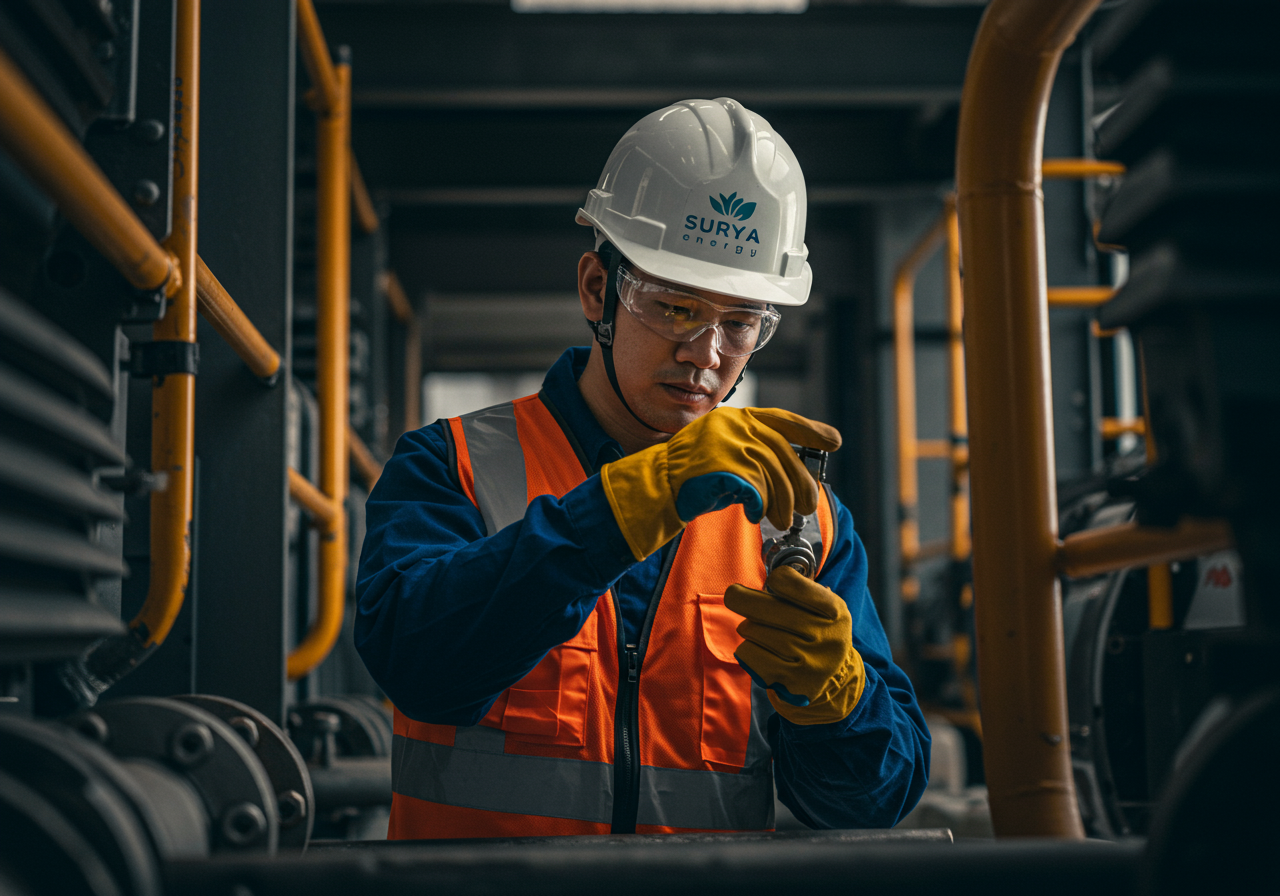 Industrial safety worker performing equipment inspection for petroleum compliance