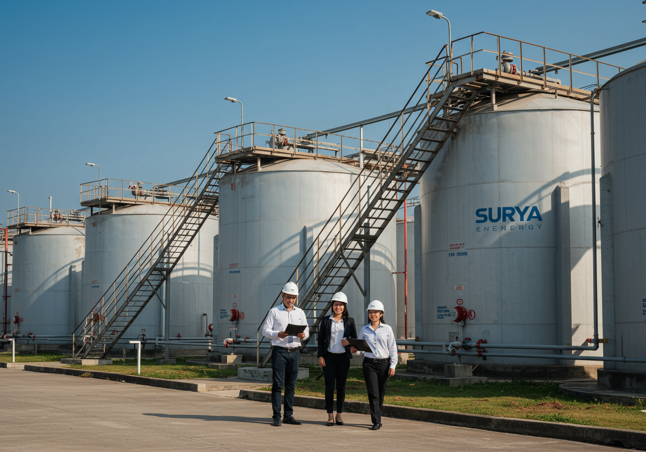 Industrial storage facility with large cylindrical oil tanks in rows — Surya Energy infrastructure